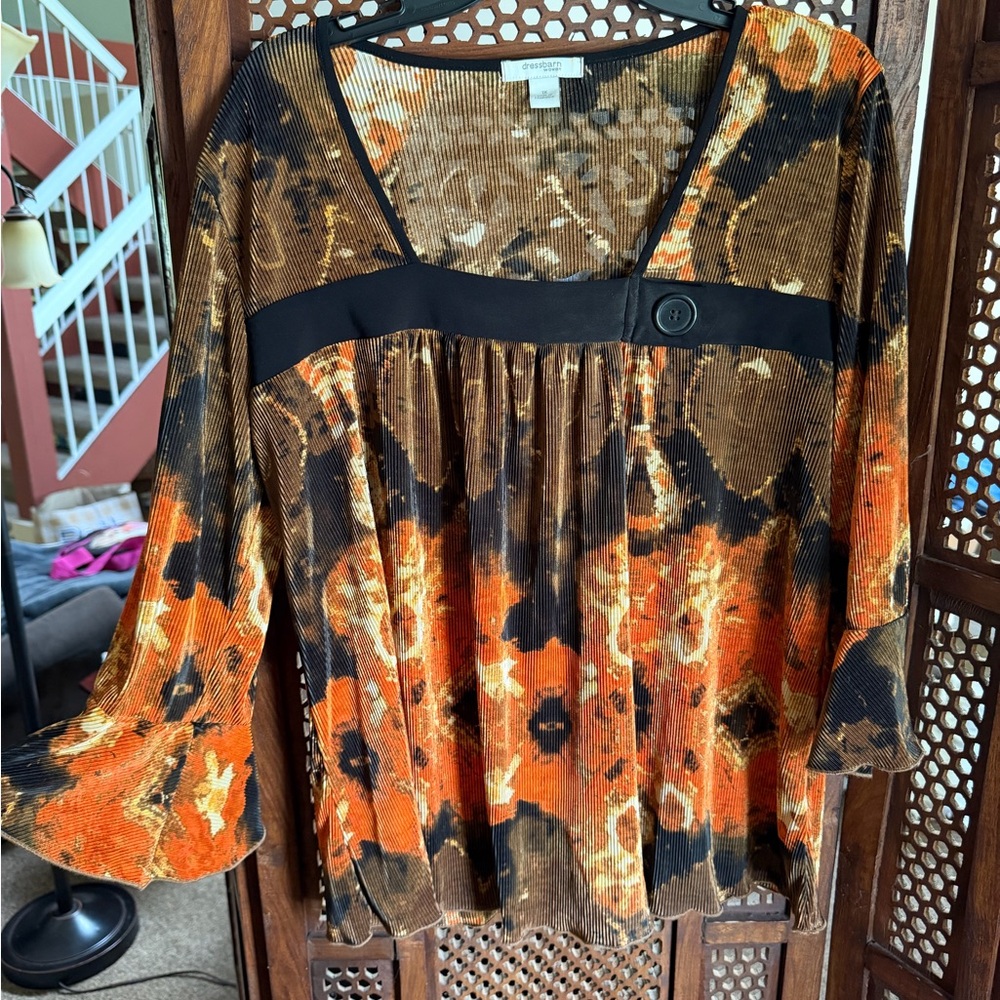 dressbarn Orange & Brown Printed Bell-Sleeve Tunic - Picture 2 of 5